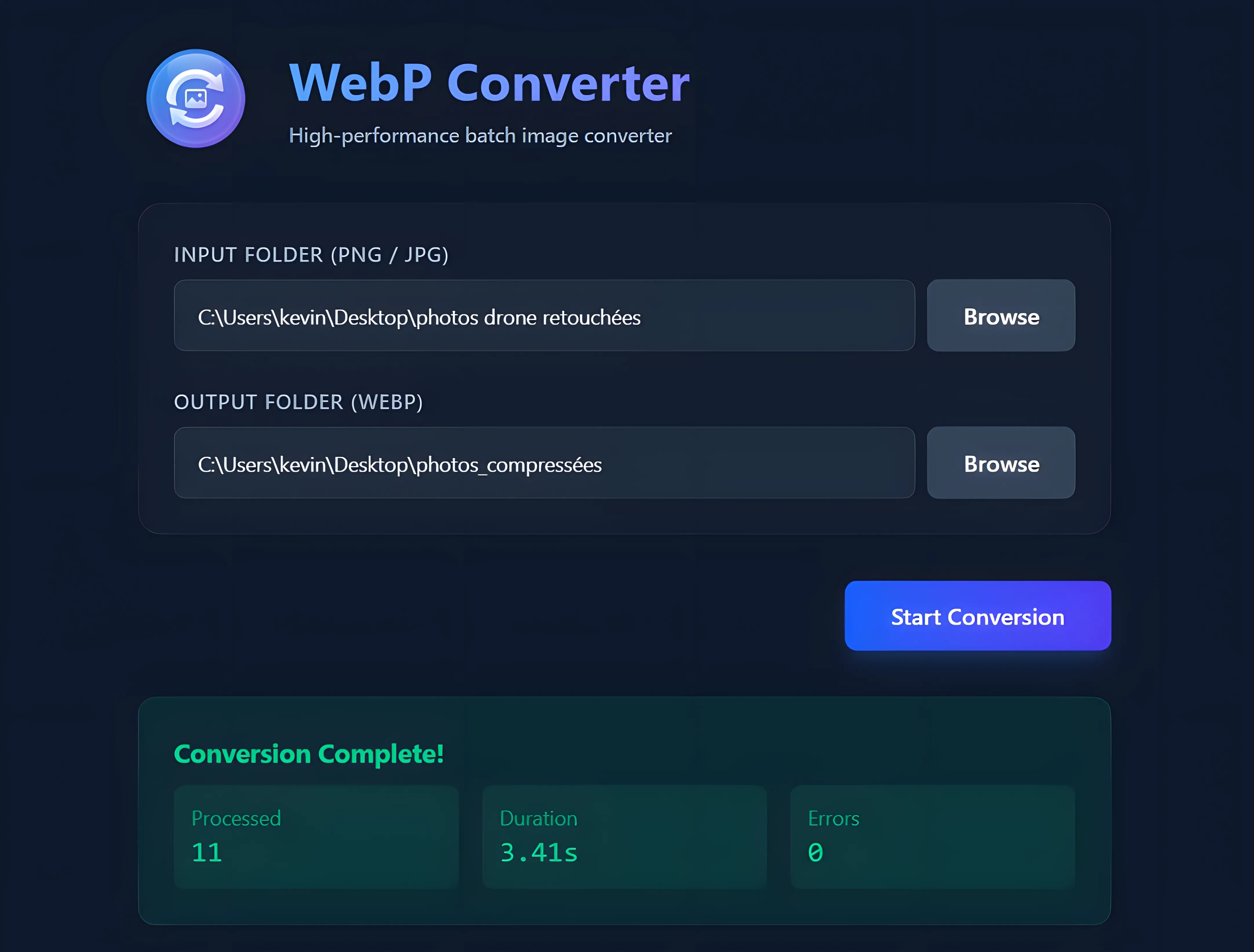 Capture d'écran de l'application WebP Converter